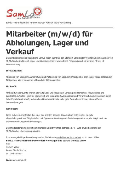 Mitarbeiter, Job, Samla, Ebreichsdorf, 